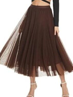 Brown Long Tulle Skirt Layered Womens Medium